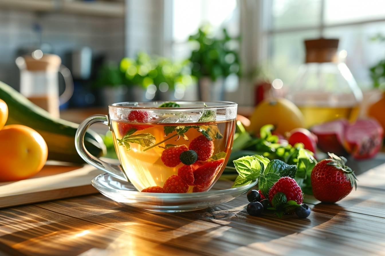 thé minceur brûle-graisse : tasse de thé vert brûle-graisse avec plantes naturelles en arrière-plan