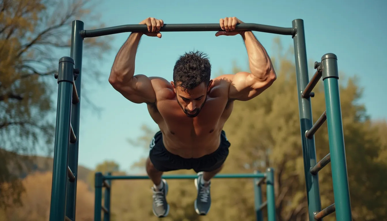 dips calisthenics : athlète exécutant un dip parfaitement formé sur barres parallèles