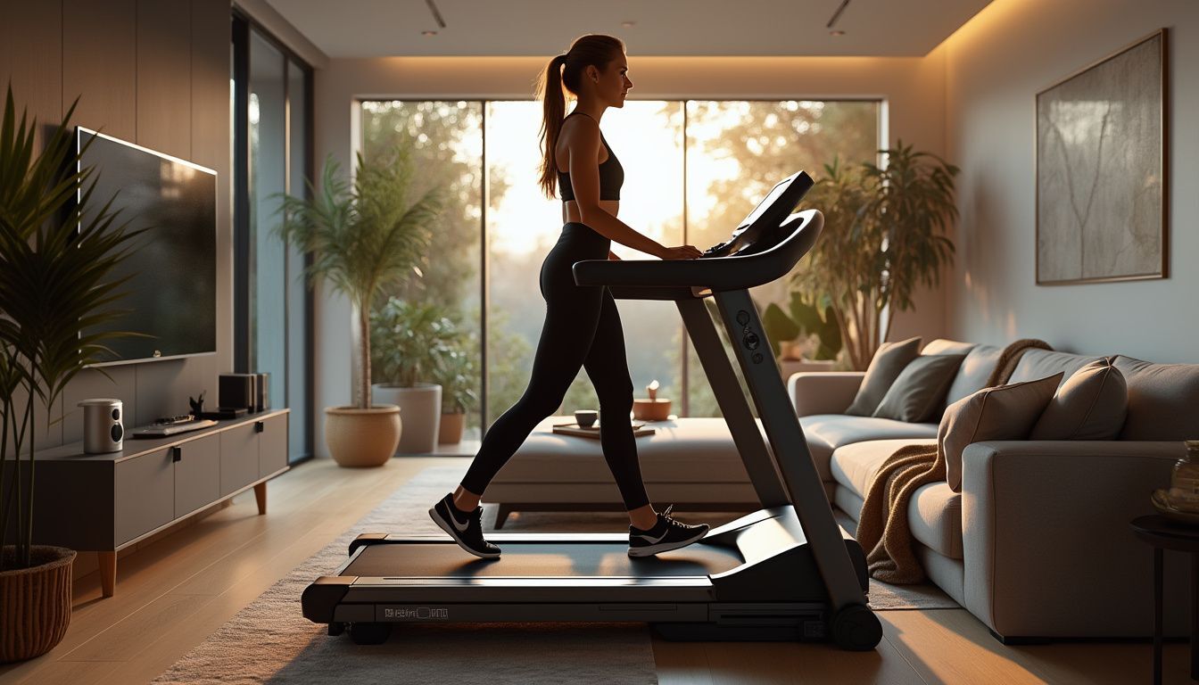 tapis de course pliable : tapis de course moderne et compact plié dans un intérieur