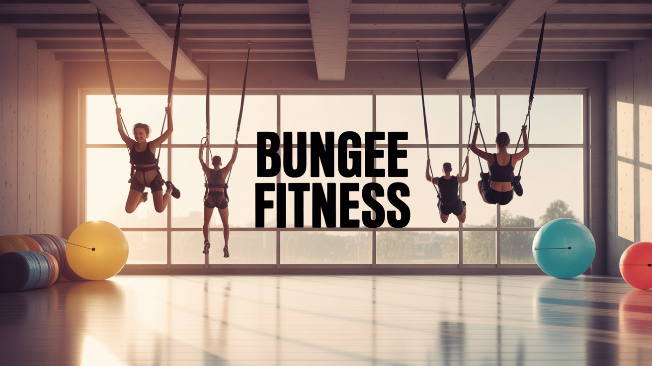 Salle de bungee fitness avec participants en harnais sautant et souriant