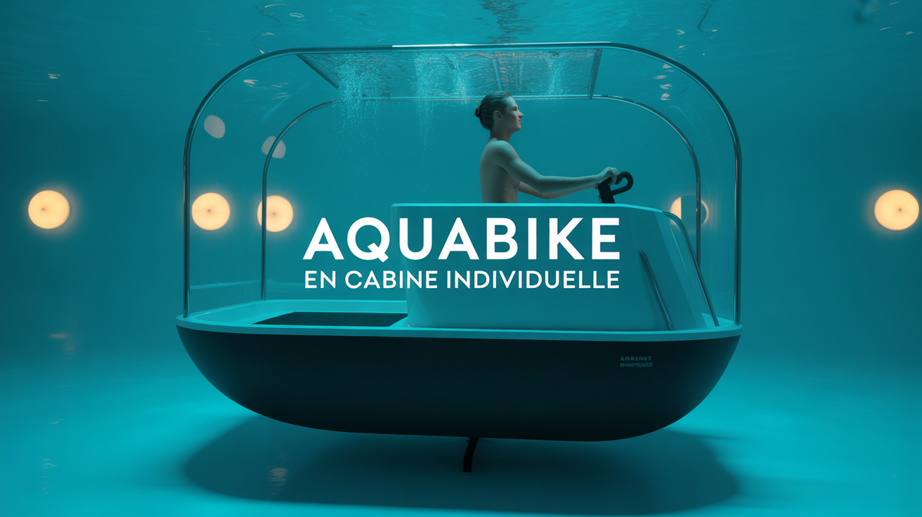 Aquabike en cabine individuelle dans une cabine moderne, jets hydromassants, ambiance cocooning