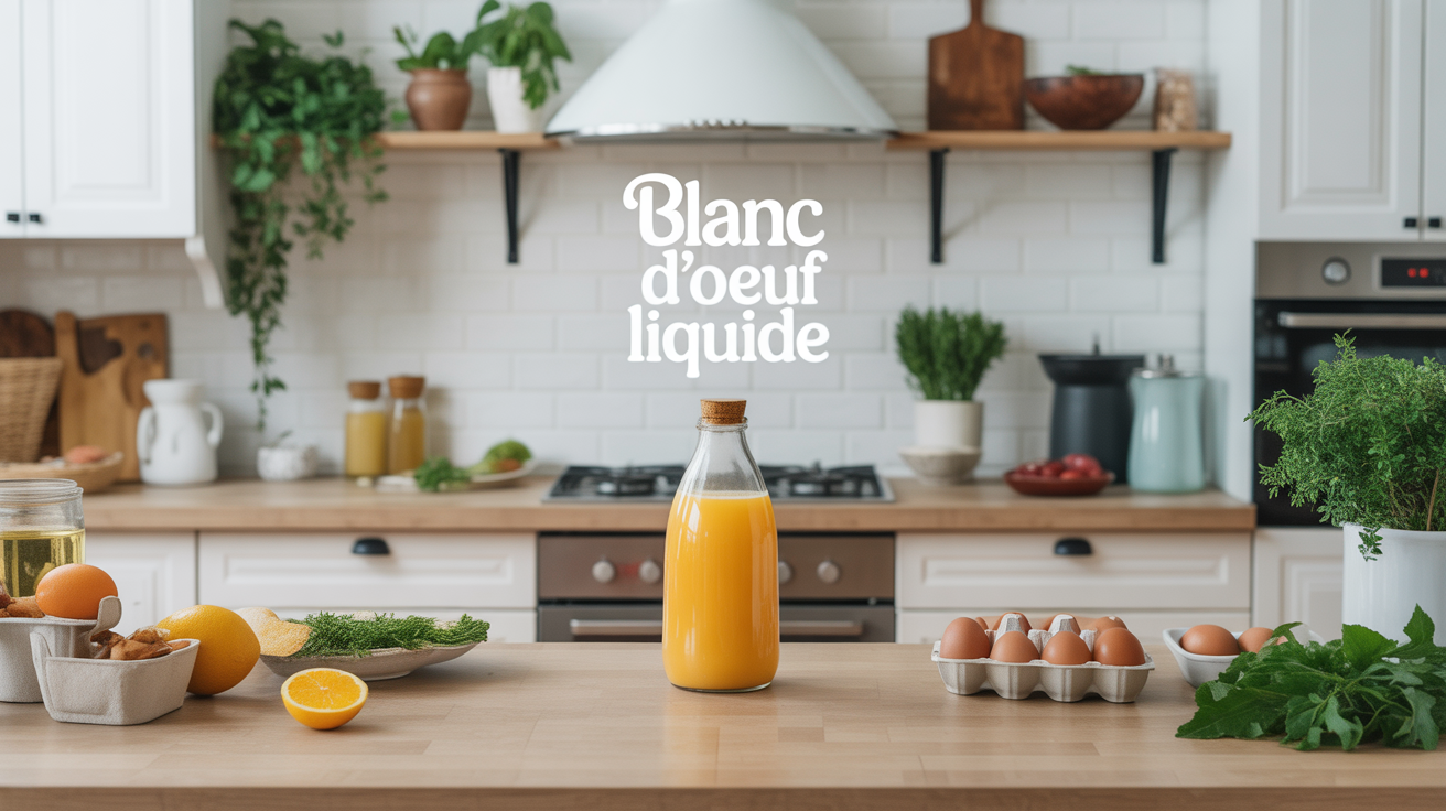 blanc d'œuf liquide en bouteille sur plan de travail