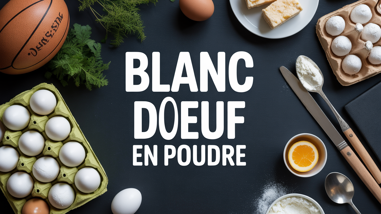 Boîte de blanc d œuf en poudre sur cuisine avec accessoires sport et pâtisserie