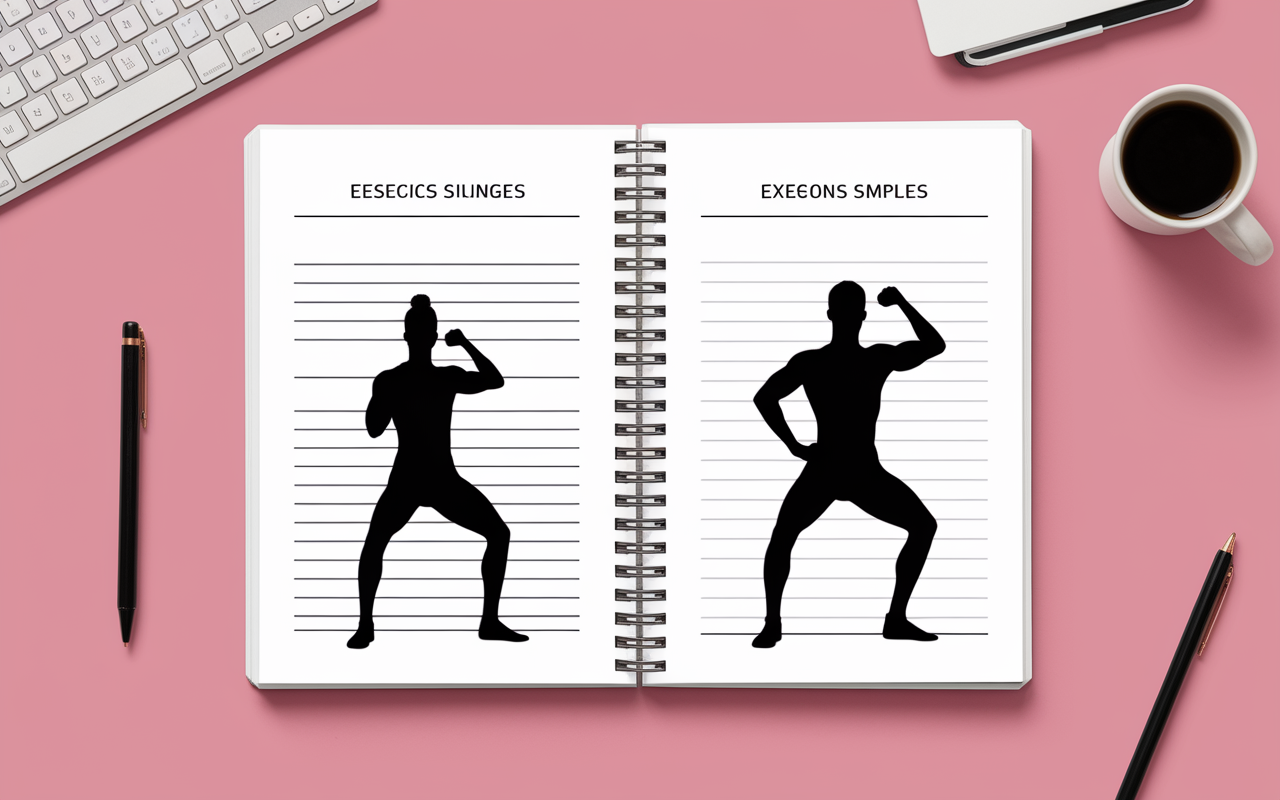 page de carnet musculation vue de dessus avec espaces exercices et graphiques