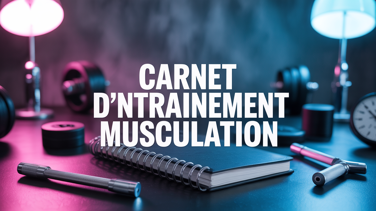 carnet d'entraînement musculation stylisé sur table avec haltères et chrono