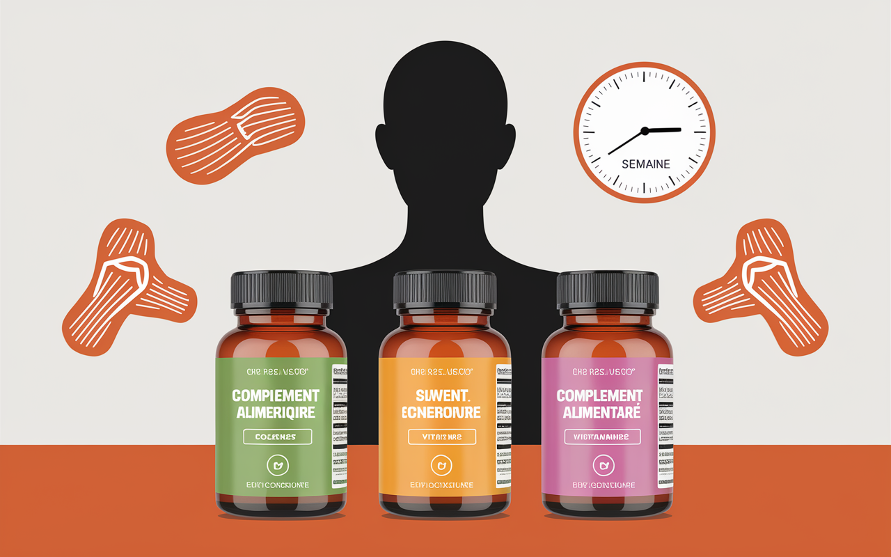 Trois flacons complement alimentaire colagene vitamine C curcumine, silouhette humain
