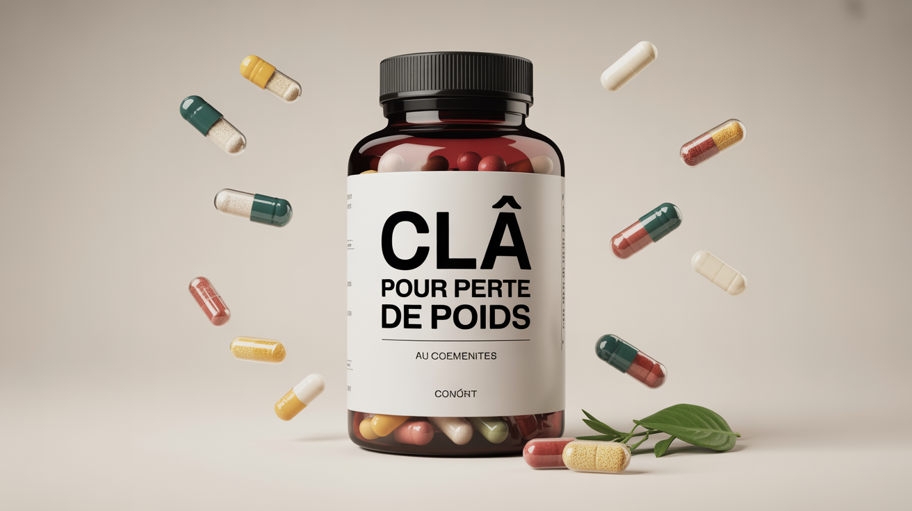 Illustration stylisée CLA perte de poids, boîte et gélules