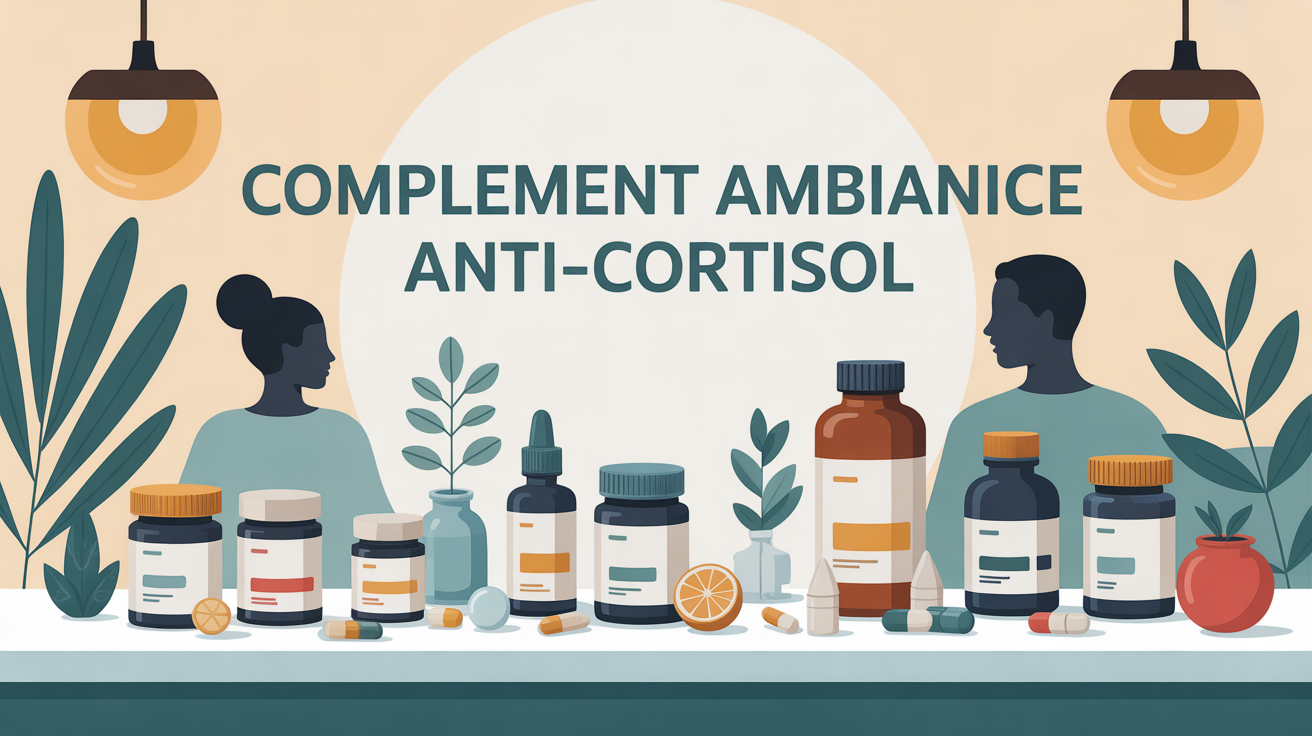 Table de pharmacie moderne, compléments alimentaires anti-cortisol, ambiance bien-être