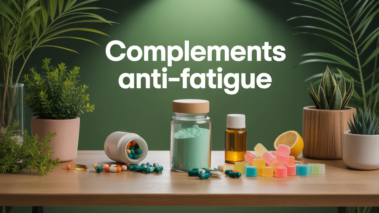 complements anti fatigue sur table bois, gélules, poudre, gummies, plantes