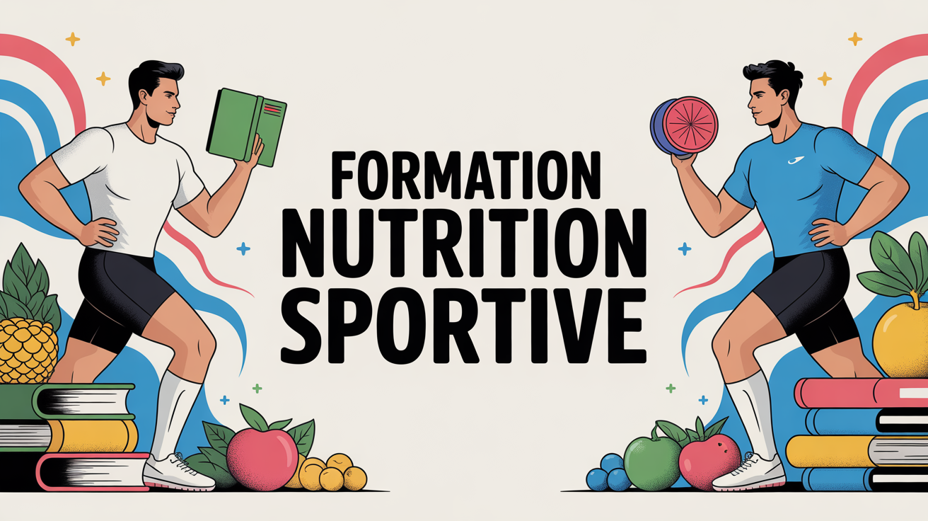 Coach et sportif avec livres, haltères, fruits, texte formation nutrition sportive