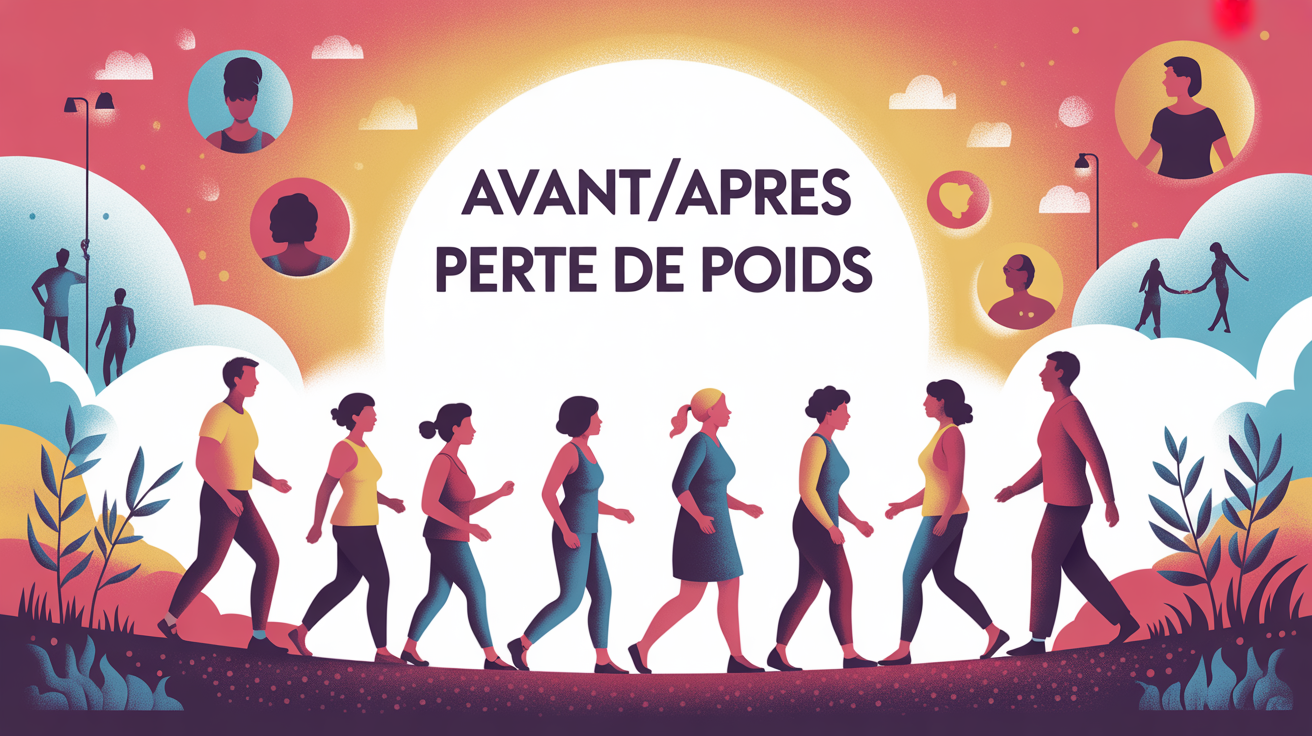 Illustration silhouettes cheminent confiance avant apres perte de poids