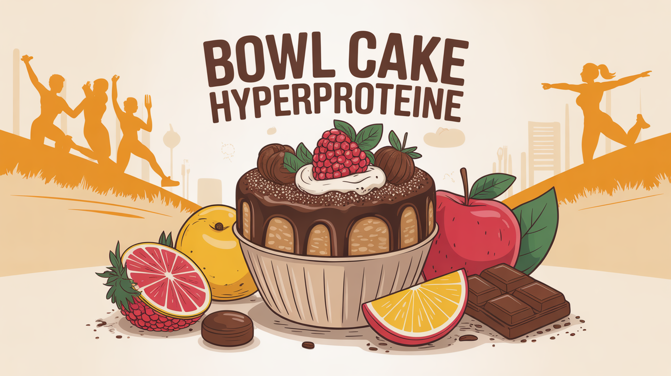 Bowl cake hyperprotéiné avec fruits, avoine et chocolat, ambiance matin sportive