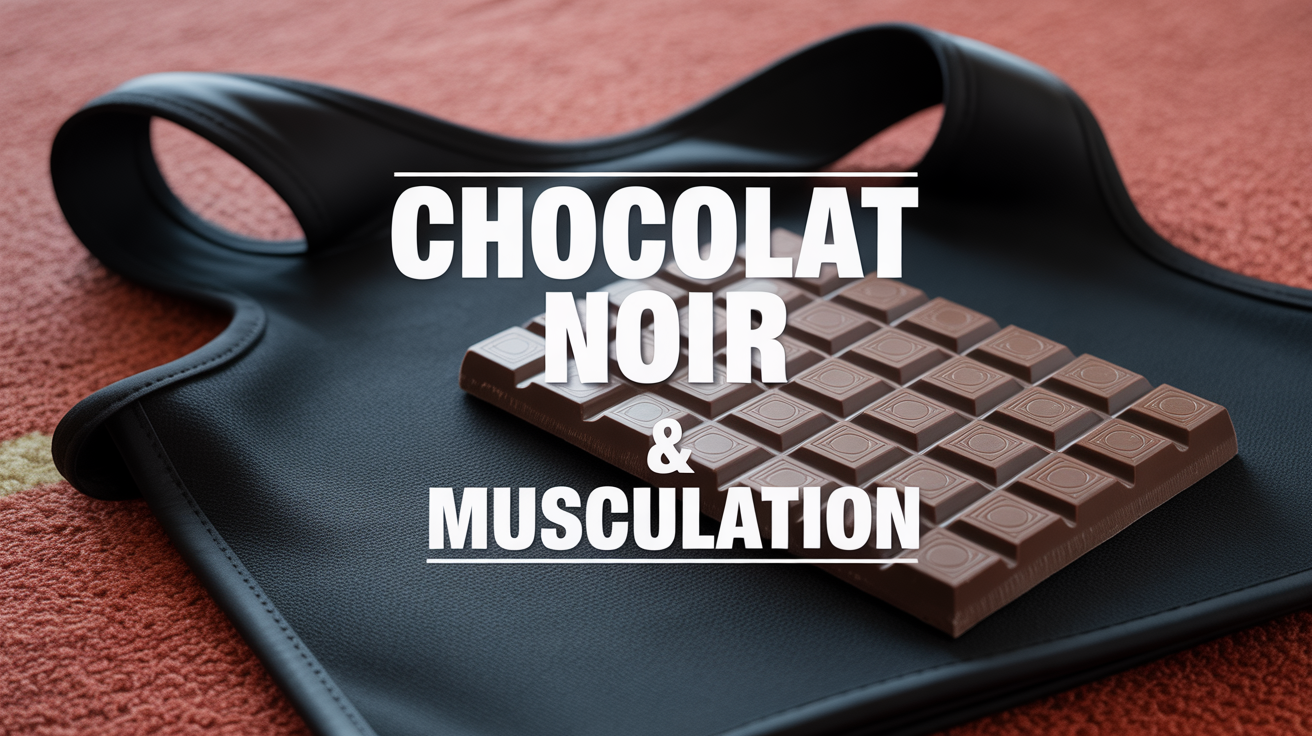 Tablette de chocolat noir et haltère sur tapis de sport