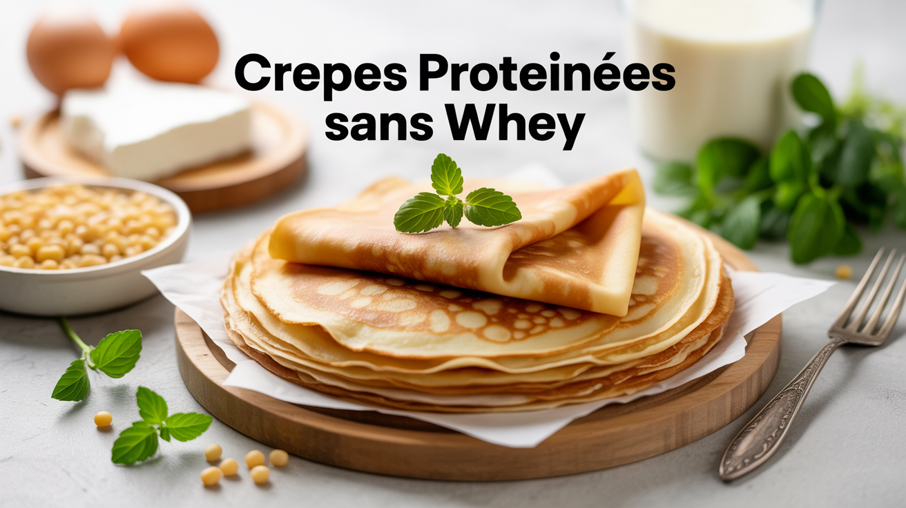 Pile de crepes proteinees sans whey, ingrédients naturels autour