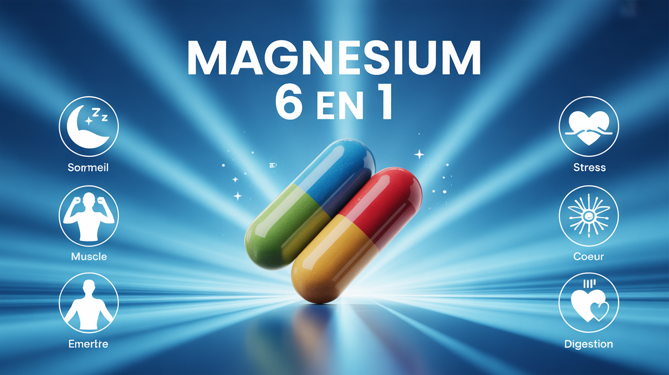 comprime magnesium 6 en 1 sur fond bleu avec pictogrammes bienfaits