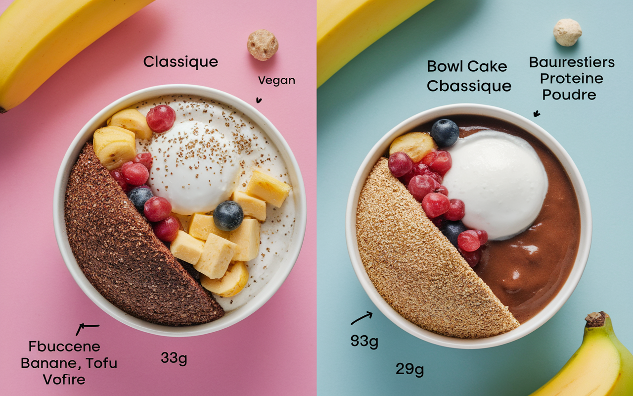 Bowl cake hyperprotéiné recette classique et vegan, apports 33g 29g protéines