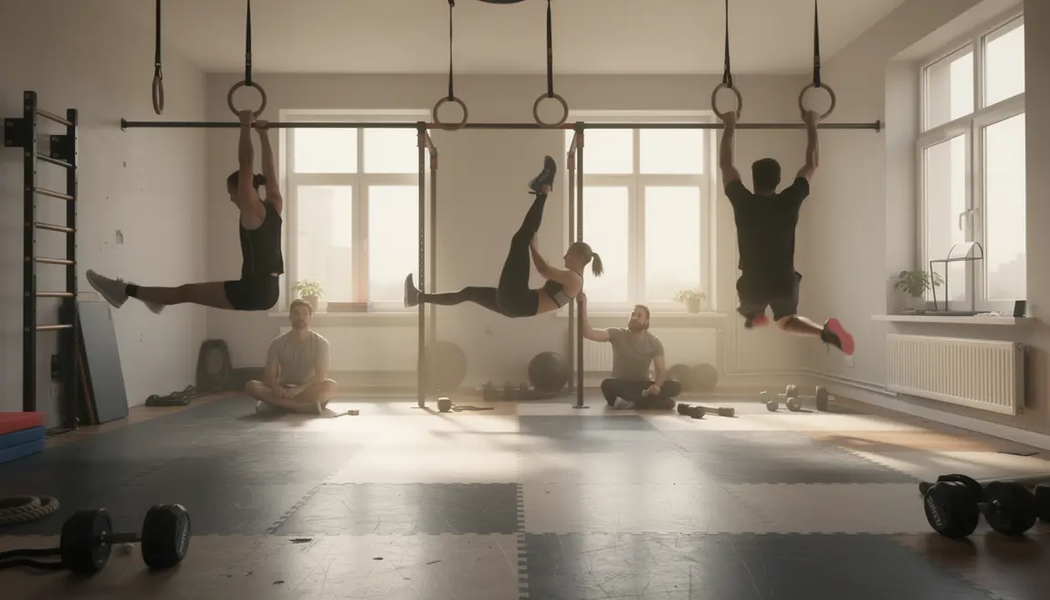 Salle avec anneaux de gymnastique, scène calisthenics