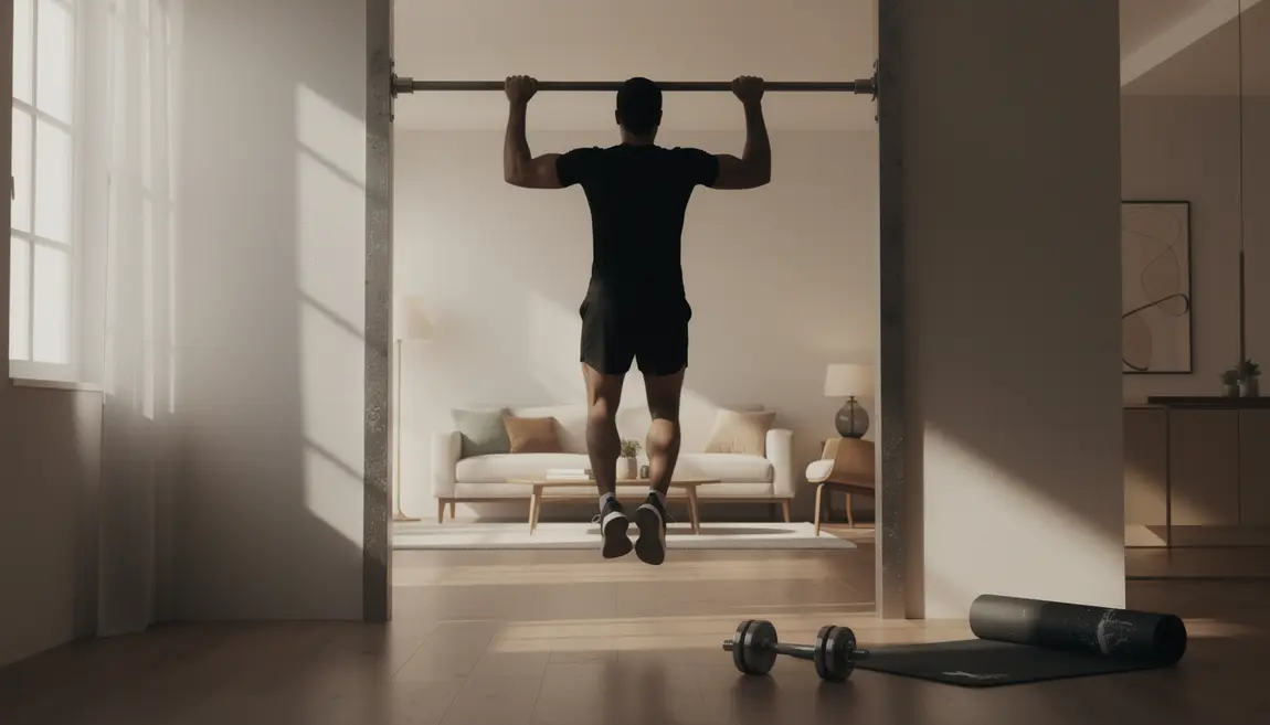 Personne fait traction sur barre à la maison, musculation calisthenics