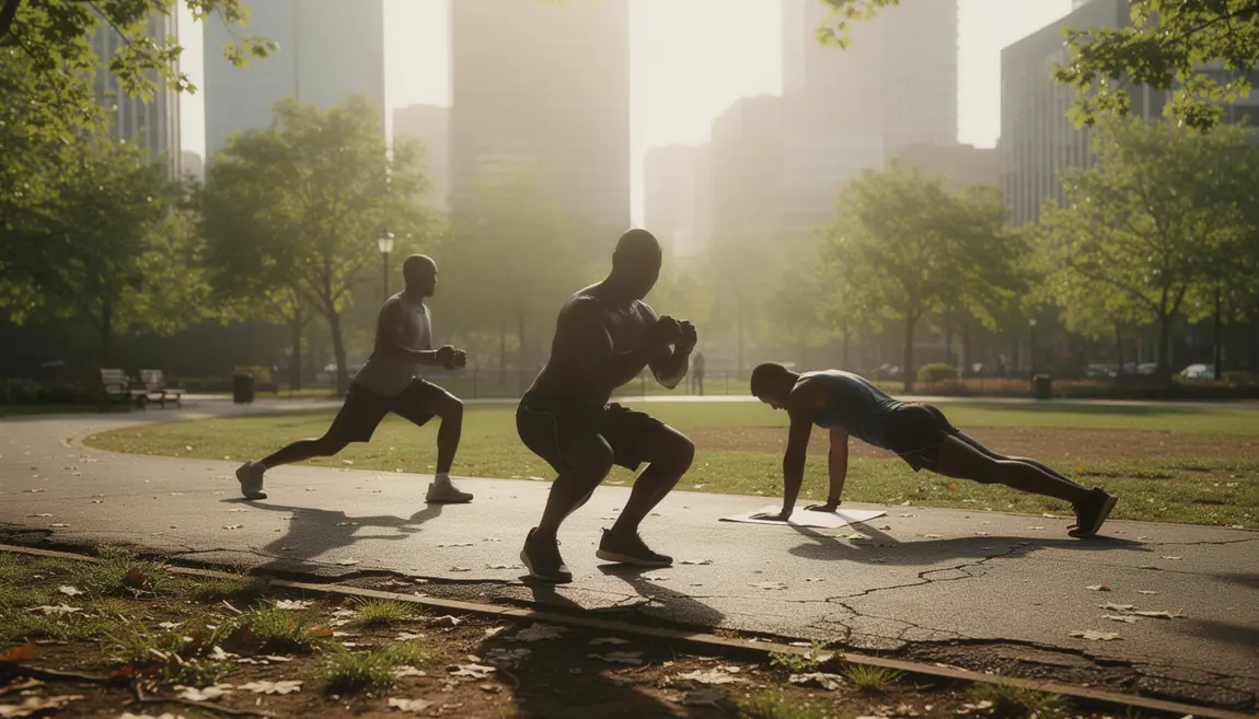 Groupe faisant calisthenics équilibre coordination squat planche fente parc