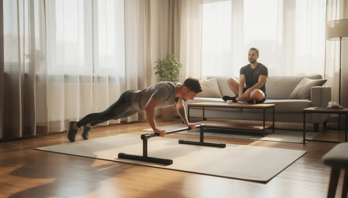 Exercices calisthenics sur parallettes en salon lumineux