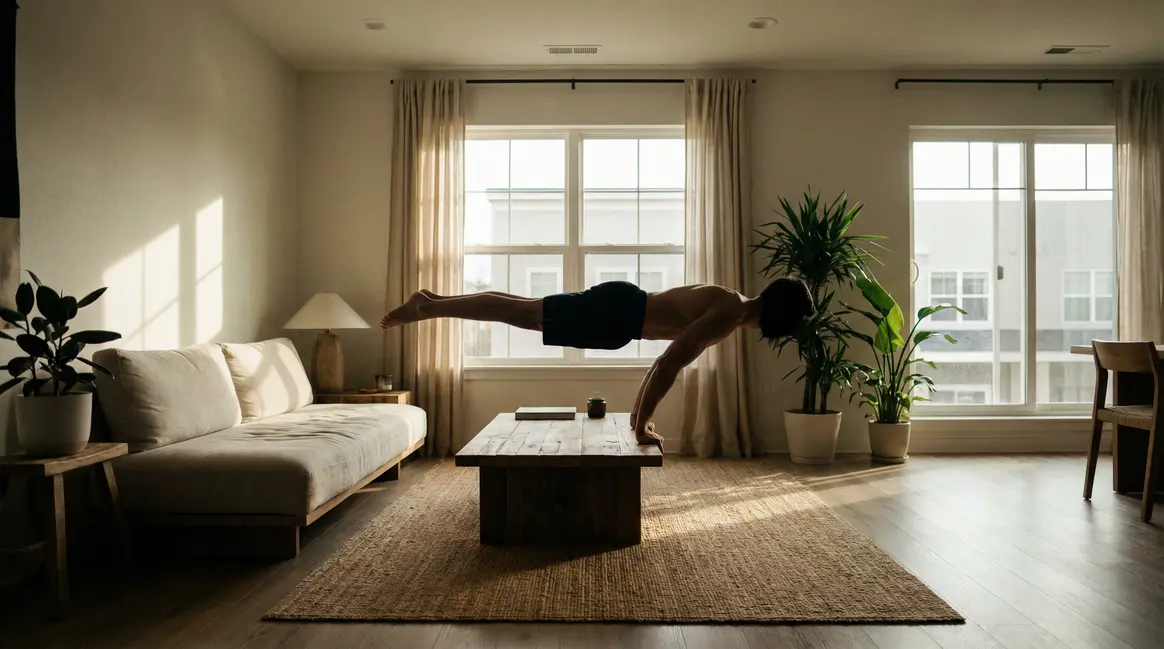 Posture calisthenics droite dos plat dans salon