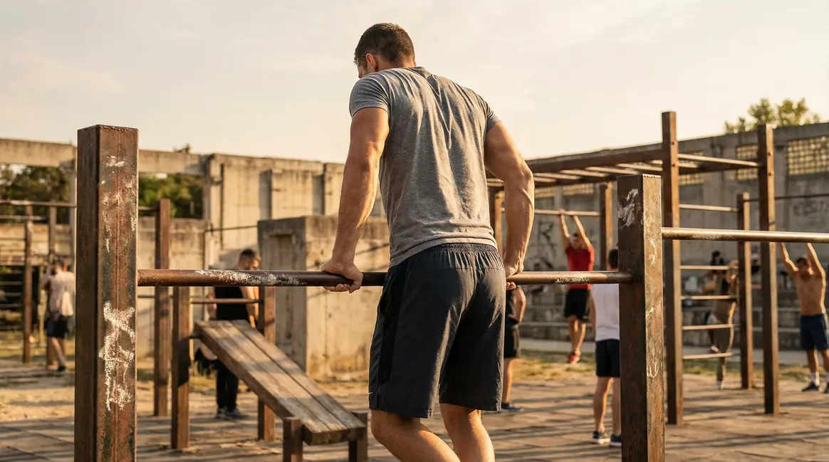 Adulte effectuant muscle up calisthenics sur barre fixe