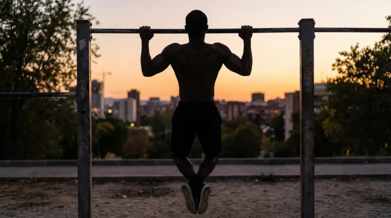 Silhouette effectuant une traction calisthenics sur barre extérieure