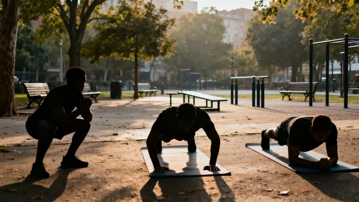 Groupe faisant squats pompes planche en plein air