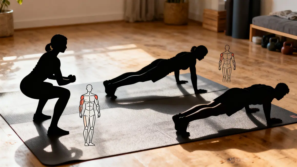 Trois silhouettes squat planche pompes zones musculaires