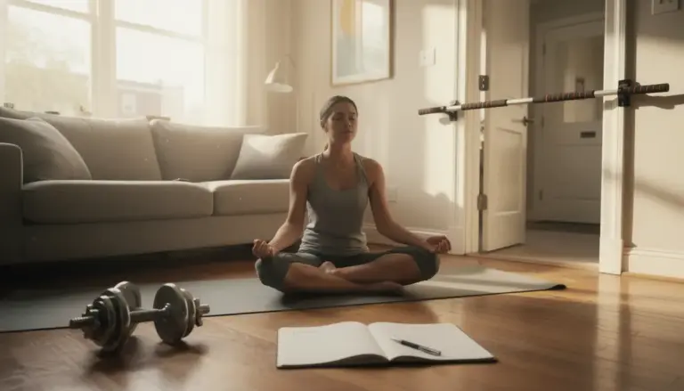 Adulte en meditation calisthenics, energie et equilibre dans salon lumineux