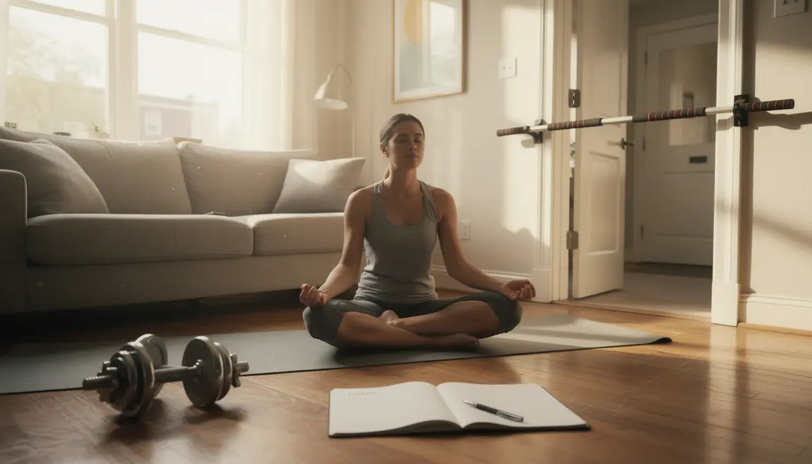 Adulte en meditation calisthenics, energie et equilibre dans salon lumineux