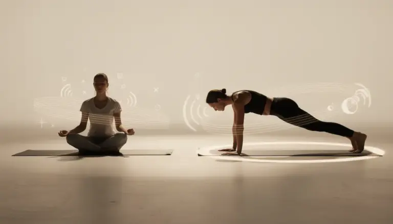 Deux silhouettes meditation et planche sur fond lumineux, symboles respiration et mouvement