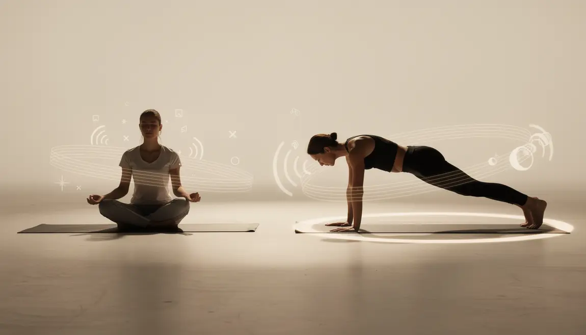 Deux silhouettes meditation et planche sur fond lumineux, symboles respiration et mouvement