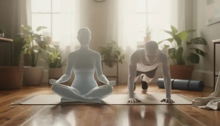 Méditation assise et calisthenics pompe dans appartement moderne