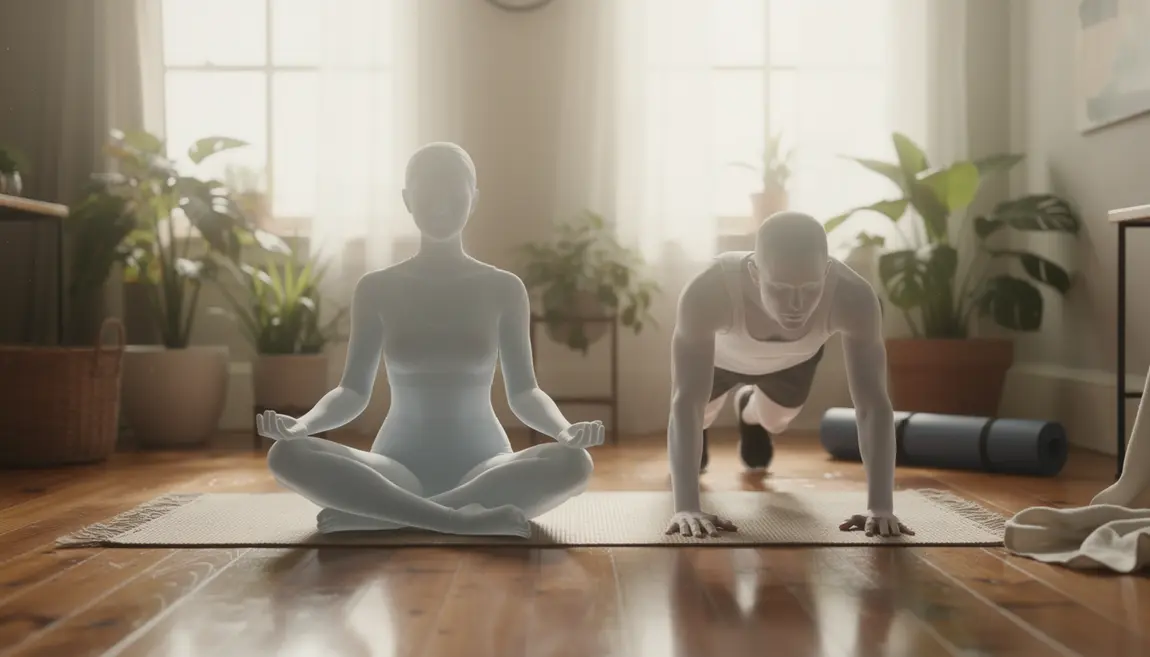 Méditation assise et calisthenics pompe dans appartement moderne