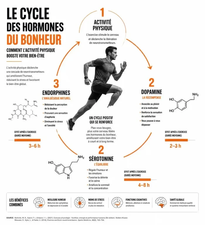 Infographie expliquant le lien entre l'hormone du bonheur et le sport