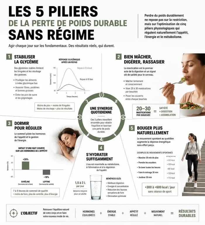 Infographie sur les 20 astuces pour maigrir sans régime et les mécanismes physiologiques de la perte de poids durable