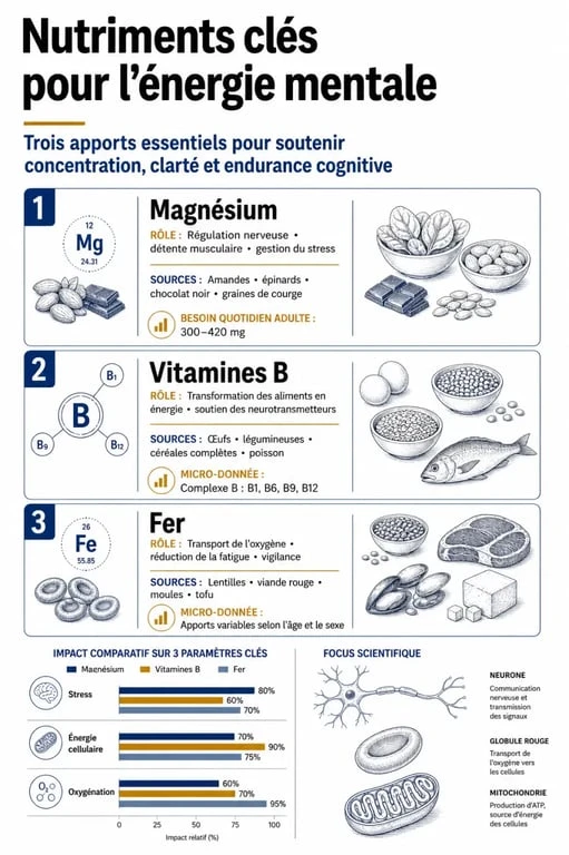 Infographie sur les nutriments pour retrouver de l'énergie mentale et combattre la fatigue