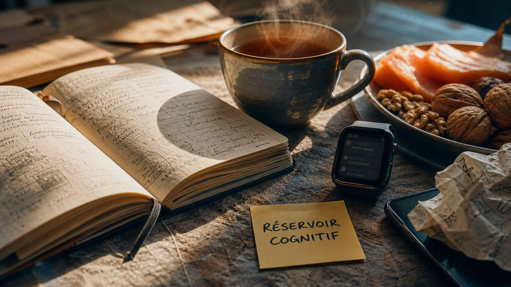 Épuisement mental : retrouver de l énergie mentale et clarté, carnet et notifications sur écran