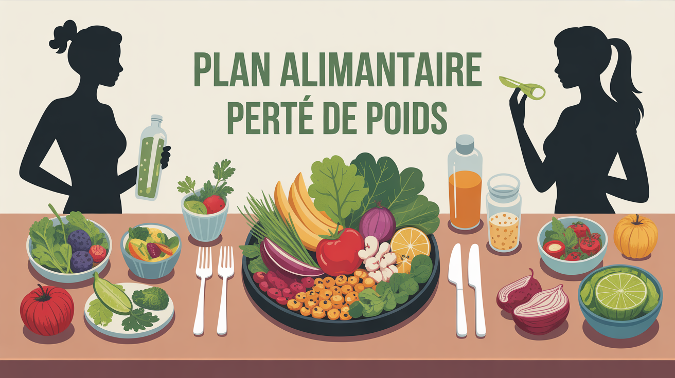 plan alimentaire pour perte de poids, assiette équilibrée, table stylisée