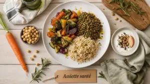 Aliment bon pour la santé : assiette équilibrée, fibres et légumes
