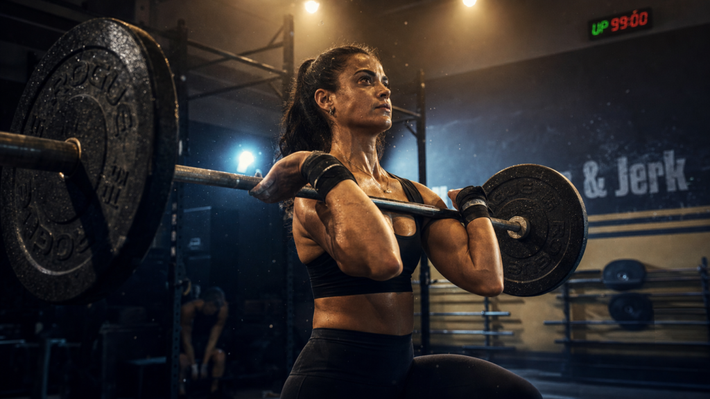 Clean and jerk crossfit : athlète réception barre en front rack, box CrossFit