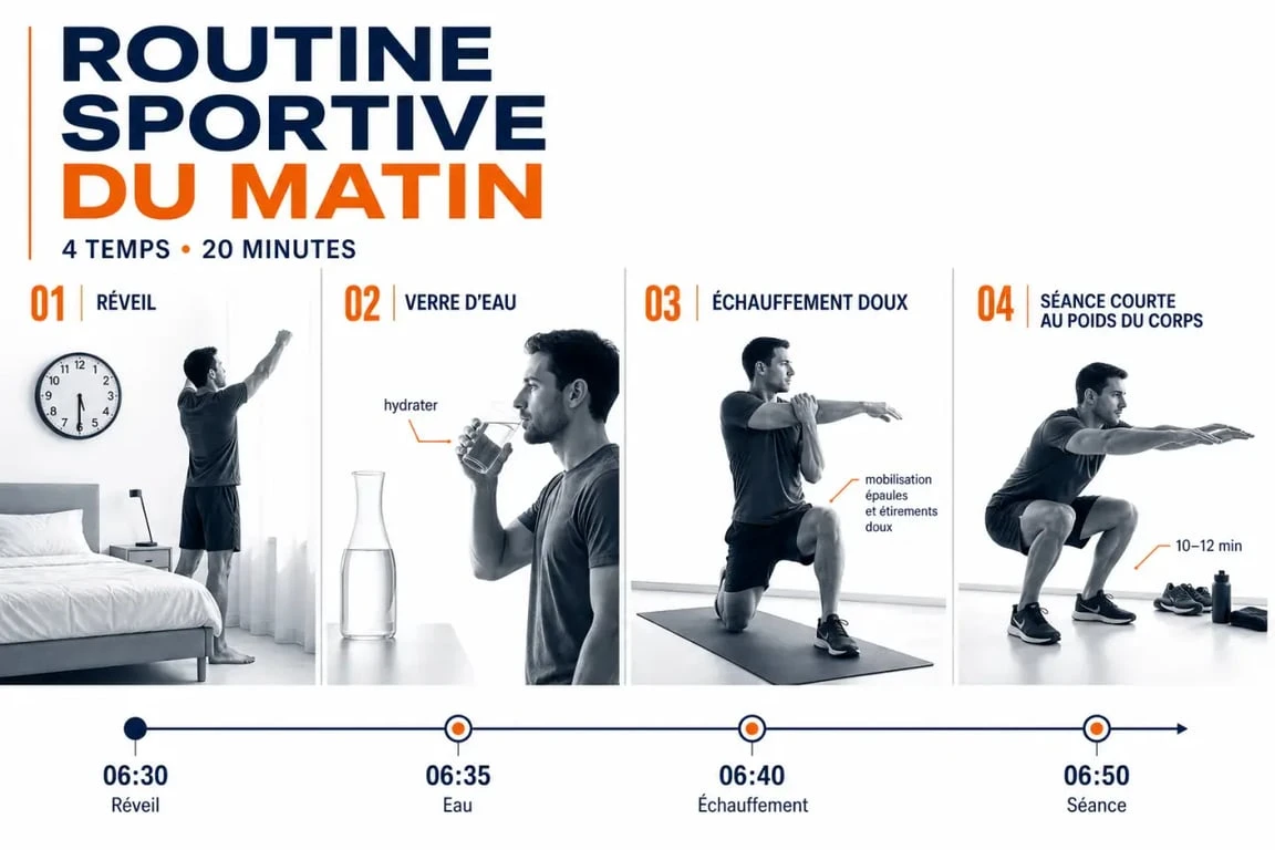 Sport matinale : routine du matin avec hydratation, échauffement et séance courte