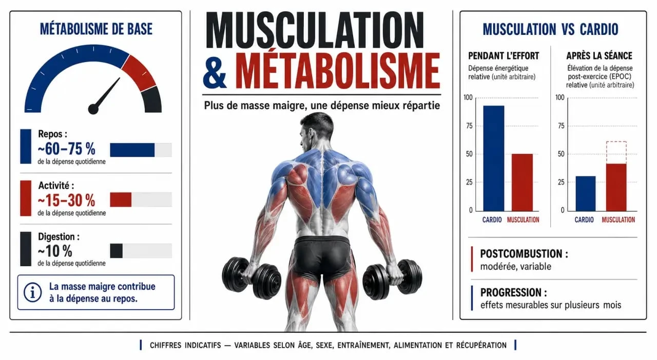 Infographie sur le métabolisme et musculation montrant l’impact de la masse musculaire, de la dépense calorique et du cardio
