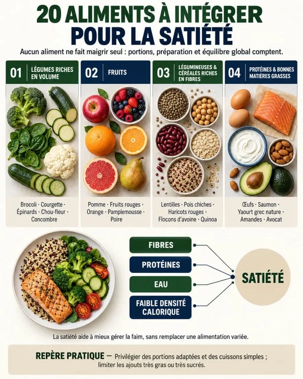 Les 20 aliments qui font maigrir : légumes, fruits, légumineuses et protéines favorisant la satiété