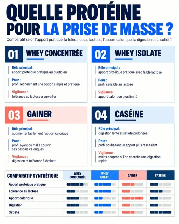 Infographie comparative sur la meilleur proteine prise de masse : whey, isolate, gainer et caséine