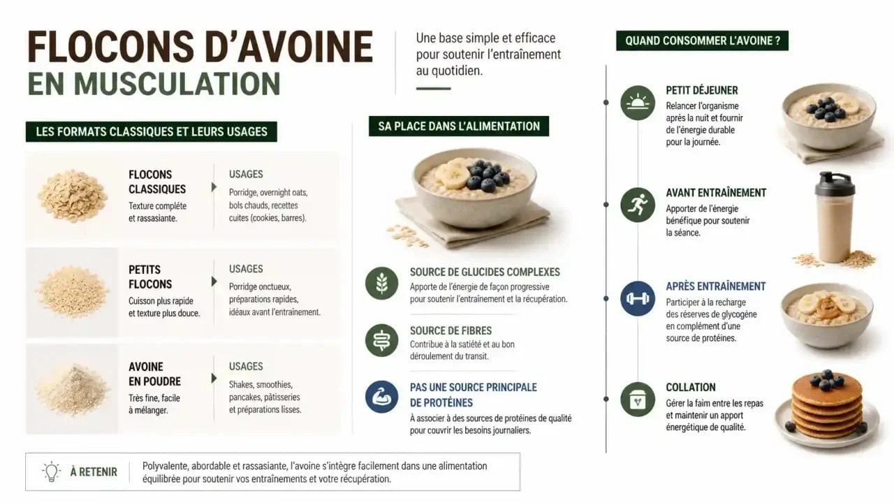 Infographie sur les flocons d'avoine musculation : formats, usages et moments de consommation