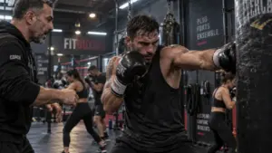 Fitboxing : personne frappe un sac de frappe avec coach