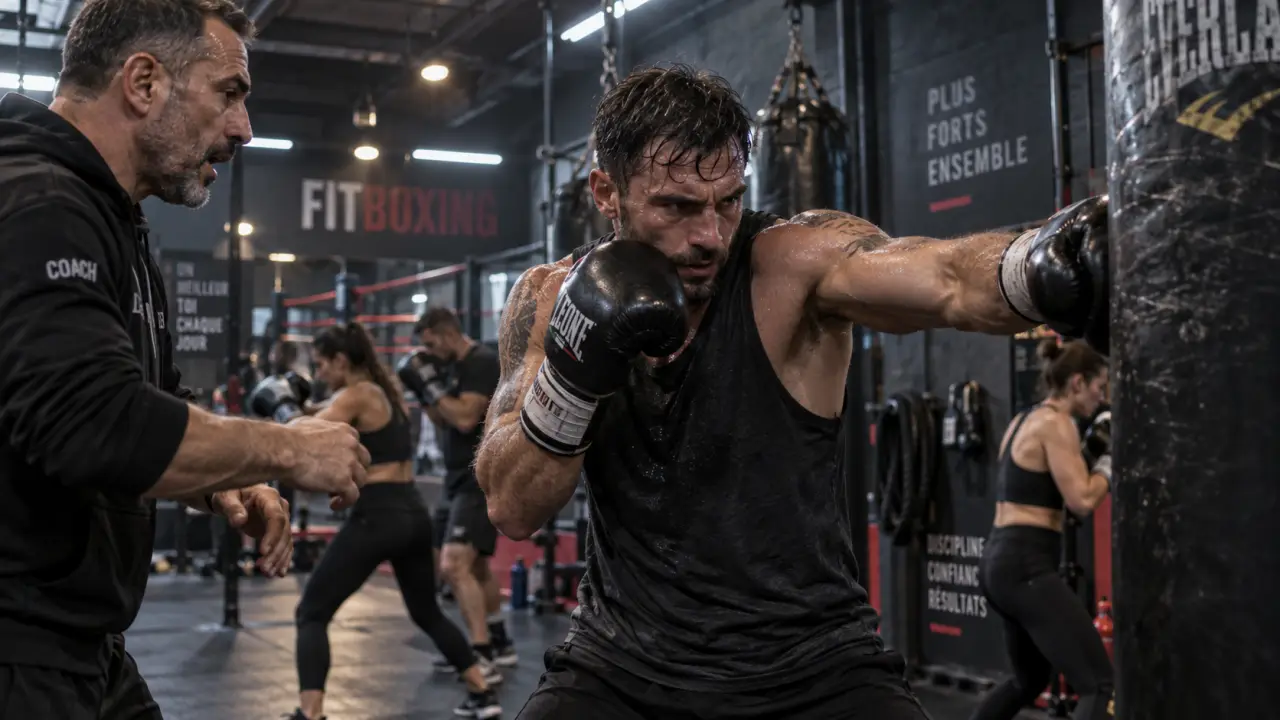 Fitboxing : personne frappe un sac de frappe avec coach