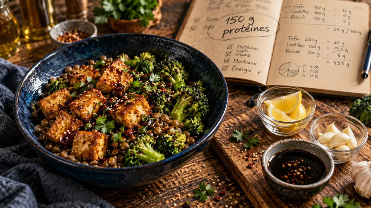 Comment manger 150 g de protéine par jour : bol tofu et lentilles, menu sans shakers